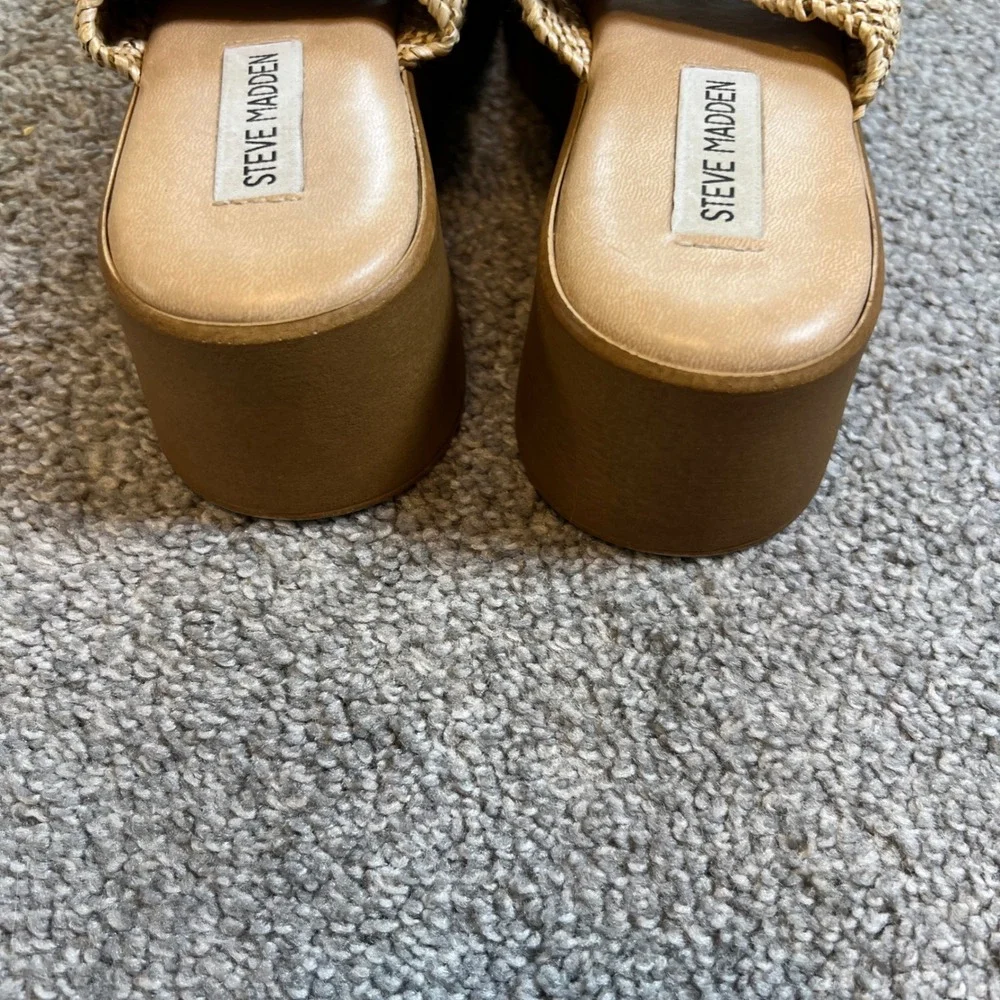 Steve Madden Platform Sandals Womens 6.5 Tan‎ Raffia Woven Wedge Italy slide on
